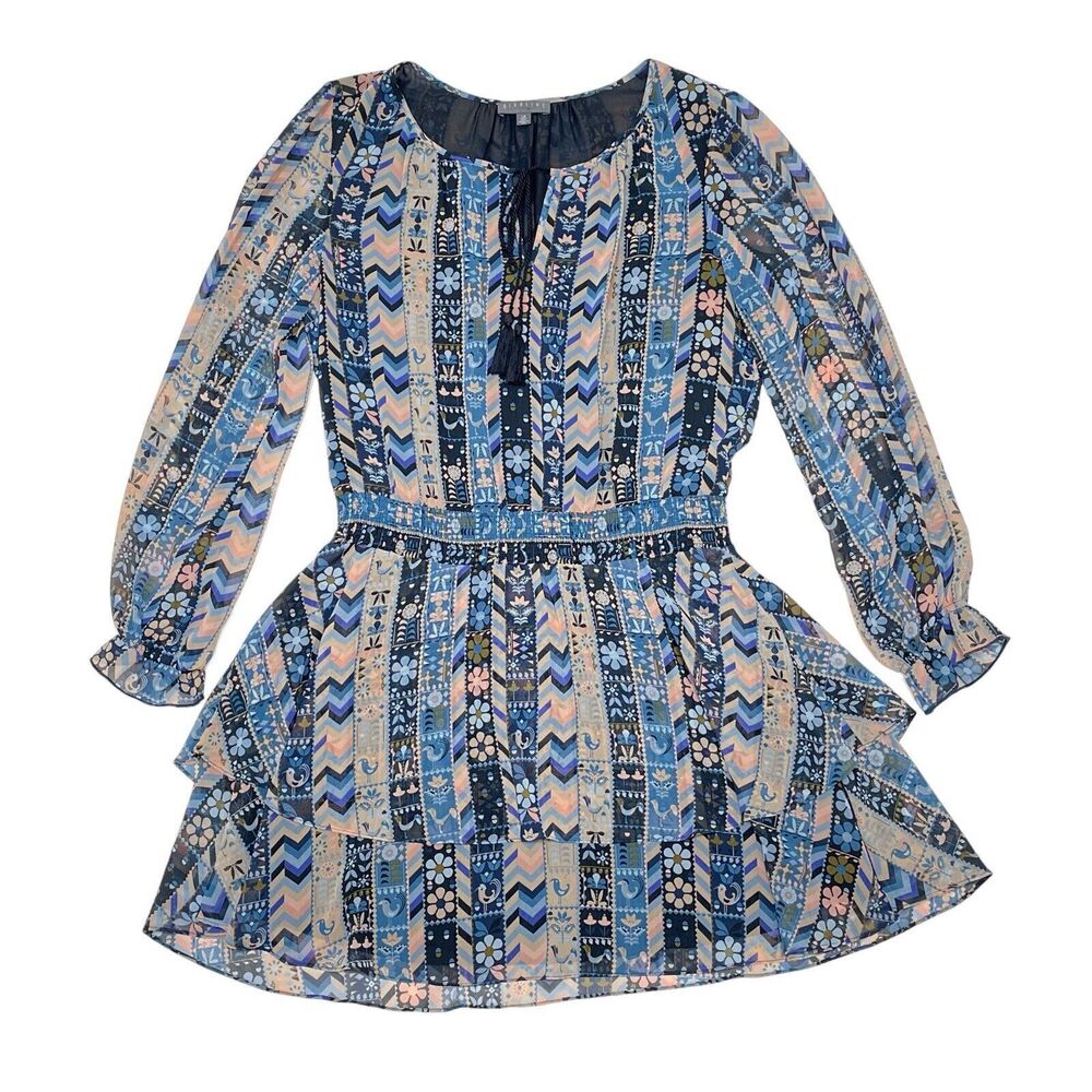 Highline Collective Dress Large Blue Floral Striped Long Sleeve Ruffles‎ Boho
